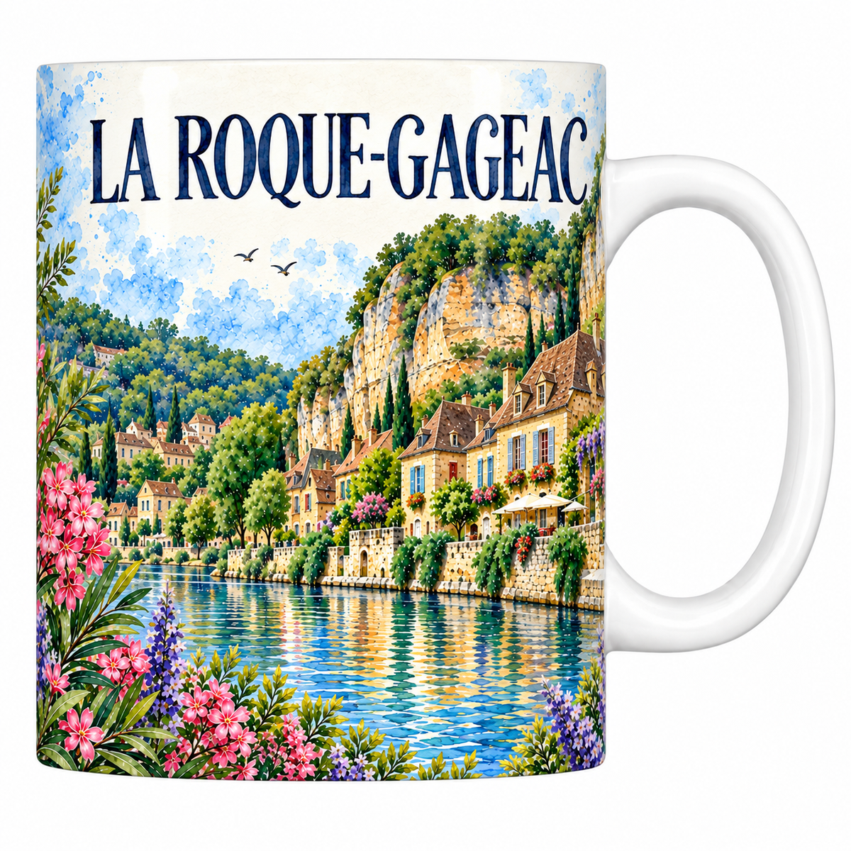 Mug céramique 330 ml La Roque-Gageac : la falaise et les maisons au bord de la Dordogne en aquarelle