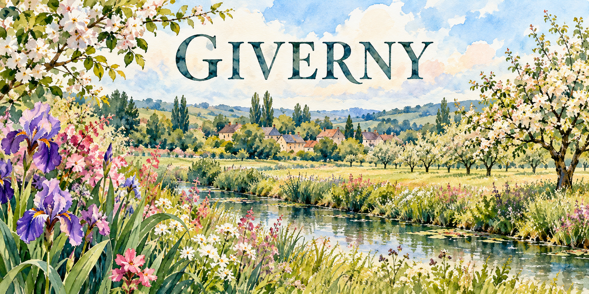 Giverny en aquarelle : des pommiers en fleur à gauche et à droite, une prairie et un verger au centre, un ru bordé de hautes herbes au premier plan, des iris mauves et des fleurs blanches et roses, les maisons du hameau à toits d'ardoise au fond, le coteau boisé à l'arrière-plan, le nom de la ville en capitales vert sombre