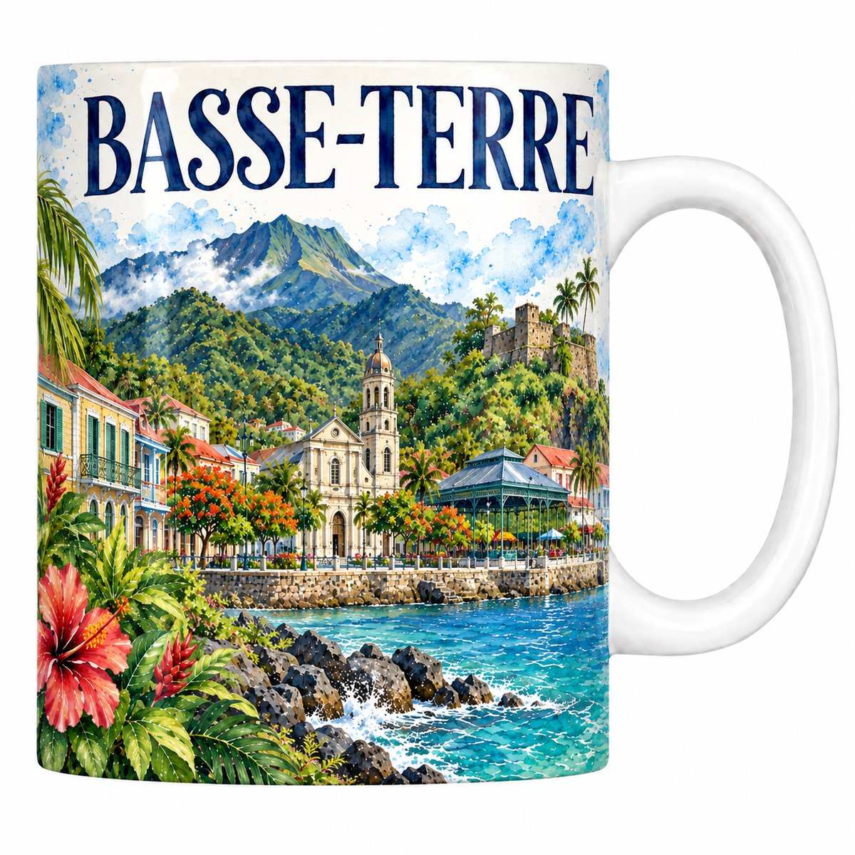 Mug céramique 330 ml Basse-Terre : le front de mer et le fort en aquarelle
