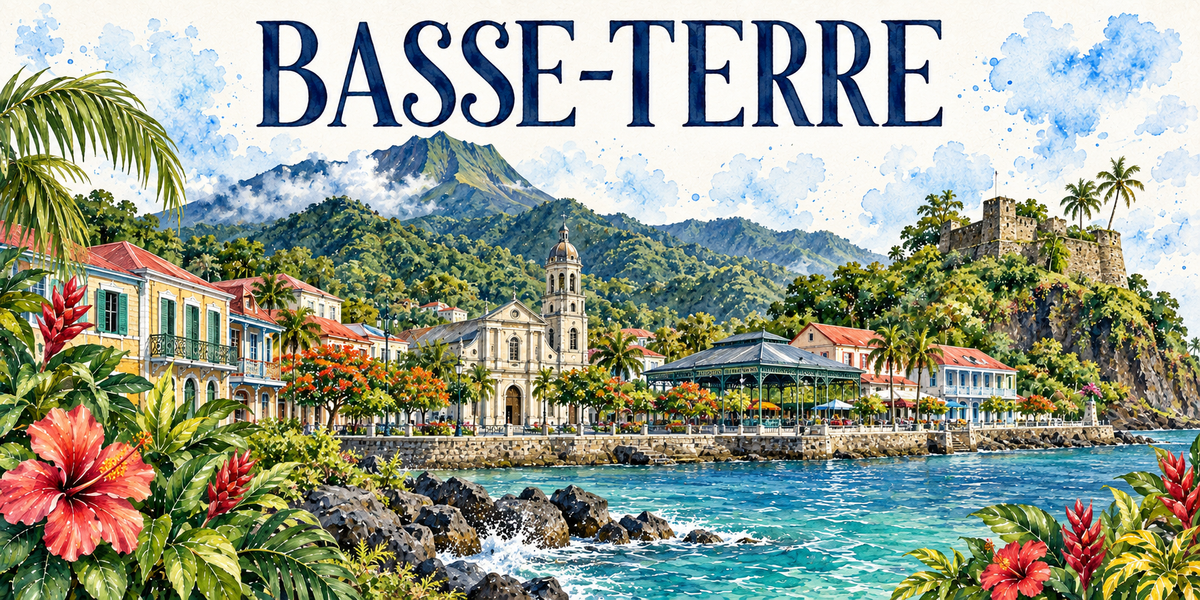 Basse-Terre en aquarelle : le front de mer bordé de façades coloniales à balcons de fer forgé et toits rouges à gauche, la cathédrale et son dôme au centre, le kiosque métallique, les palmiers et les flamboyants, le fort de pierre sur son éperon rocheux à droite, la mer des Caraïbes turquoise et les rochers noirs, le volcan au fond, hibiscus rouges au premier plan