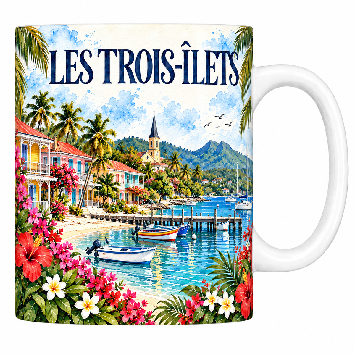 Mug céramique 330 ml Les Trois-Îlets : les maisons créoles et la baie en aquarelle
