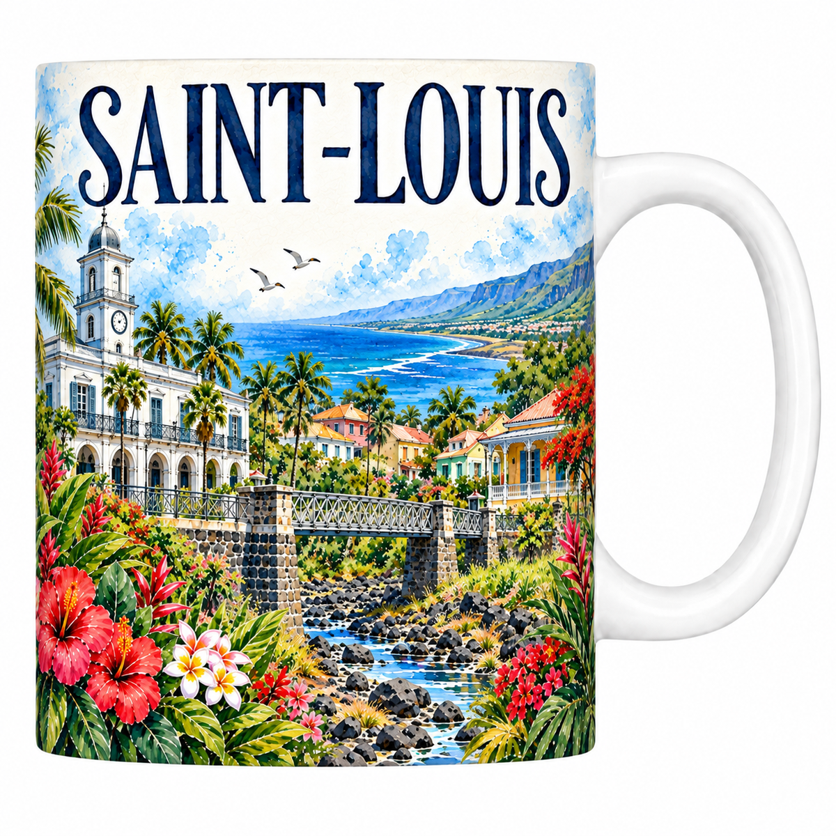 Mug céramique 330 ml Saint-Louis : le bâtiment colonial et le pont sur la ravine en aquarelle