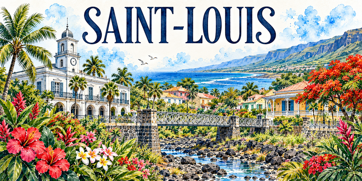 Saint-Louis en aquarelle : le grand bâtiment colonial blanc à arcades et son clocheton à horloge à gauche derrière les palmiers, le pont de fer à tablier clair franchissant la ravine de galets au centre, les cases aux toits de tôle colorés, les flamboyants rouges, le littoral et la mer bleue au fond avec les remparts verts, hibiscus et frangipaniers au premier plan