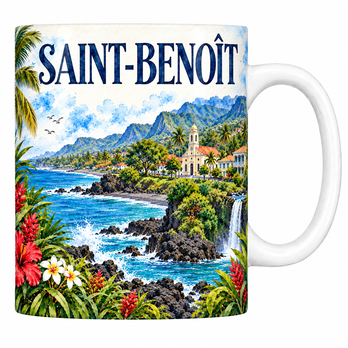 Mug céramique 330 ml Saint-Benoît : la côte de basalte et l'église en aquarelle
