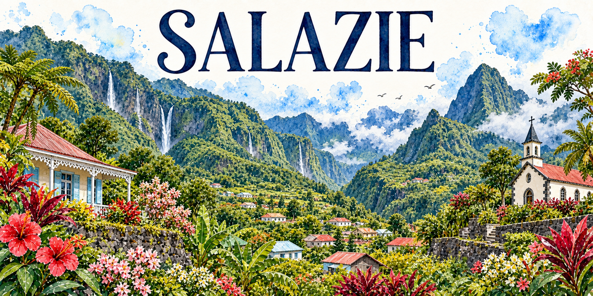 Salazie en aquarelle : la case créole jaune à lambrequins blancs et sa varangue à gauche, le village étagé aux toits de tôle rouges et verts, l'église et son clocher pointu à droite, les cascades tombant en filets sur les remparts boisés au centre, les pitons dans les nuages, les bananiers et les palmiers, hibiscus rouges et frangipaniers au premier plan
