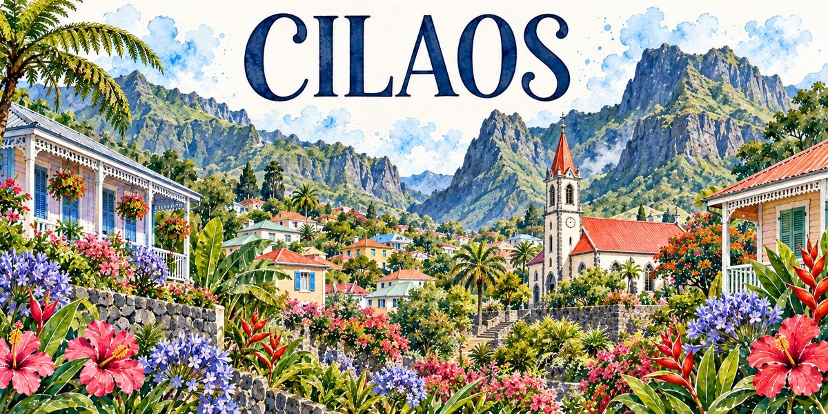 Cilaos en aquarelle : les cases créoles à lambrequins et varangues à gauche et à droite, le village étagé aux toits de tôle colorés, l'église de pierre claire et son clocher à horloge coiffé de tôle rouge au centre, les palmiers et les bananiers, les remparts et les pitons déchiquetés du cirque au fond, agapanthes mauves et hibiscus rouges au premier plan