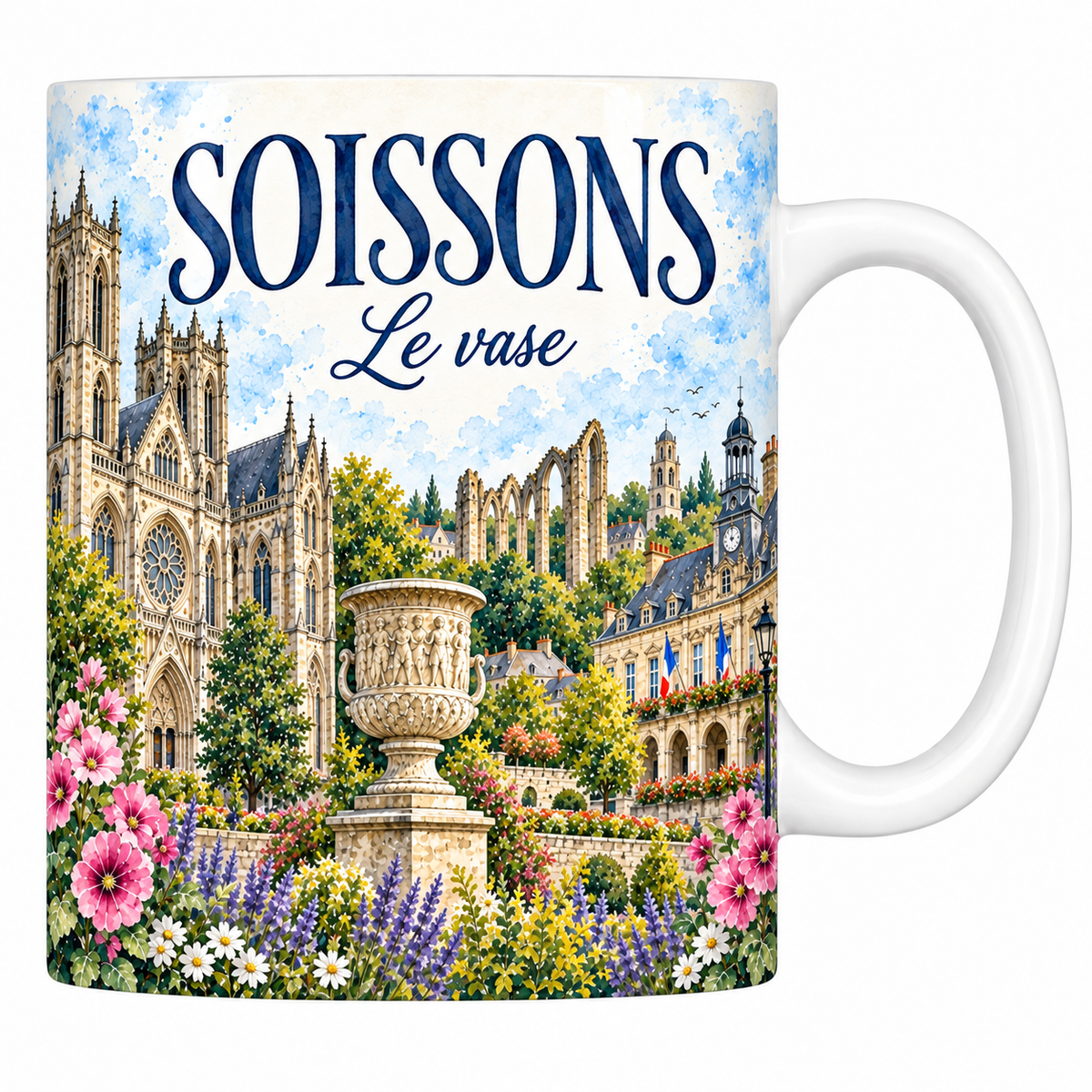 Mug céramique 330 ml Soissons : la cathédrale, le vase de pierre et les ruines de l'abbaye en aquarelle