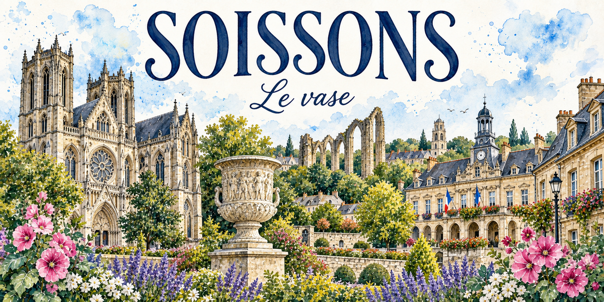 Soissons en aquarelle : la cathédrale gothique et sa grande rosace à gauche, un vase de pierre sculpté dressé sur un piédestal au centre, les arcs brisés de l'abbaye restés à ciel ouvert derrière les arbres, l'hôtel de ville classique et son campanile à horloge à droite avec les drapeaux en façade, un lampadaire de fonte, roses trémières roses, lavande et marguerites au premier plan