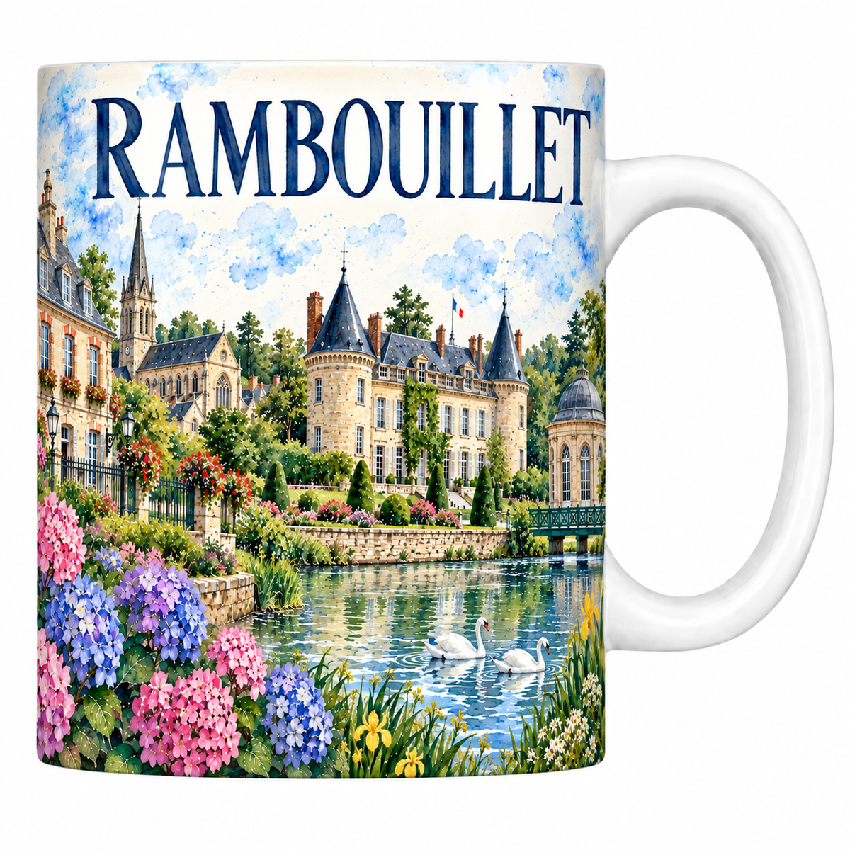 Mug céramique 330 ml Rambouillet : le château, ses tours rondes et les cygnes sur l'eau en aquarelle