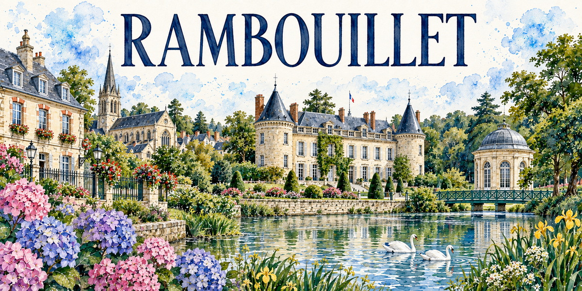 Rambouillet en aquarelle : le château de pierre claire au centre avec sa grosse tour ronde coiffée d'un toit conique d'ardoise et sa seconde tour à droite, le drapeau sur le toit, le canal où glissent deux cygnes blancs, un pavillon circulaire à coupole et une passerelle de fer à droite, le clocher pointu du bourg et une maison à grille de fer forgé à gauche, hortensias roses et bleus et iris jaunes au premier plan