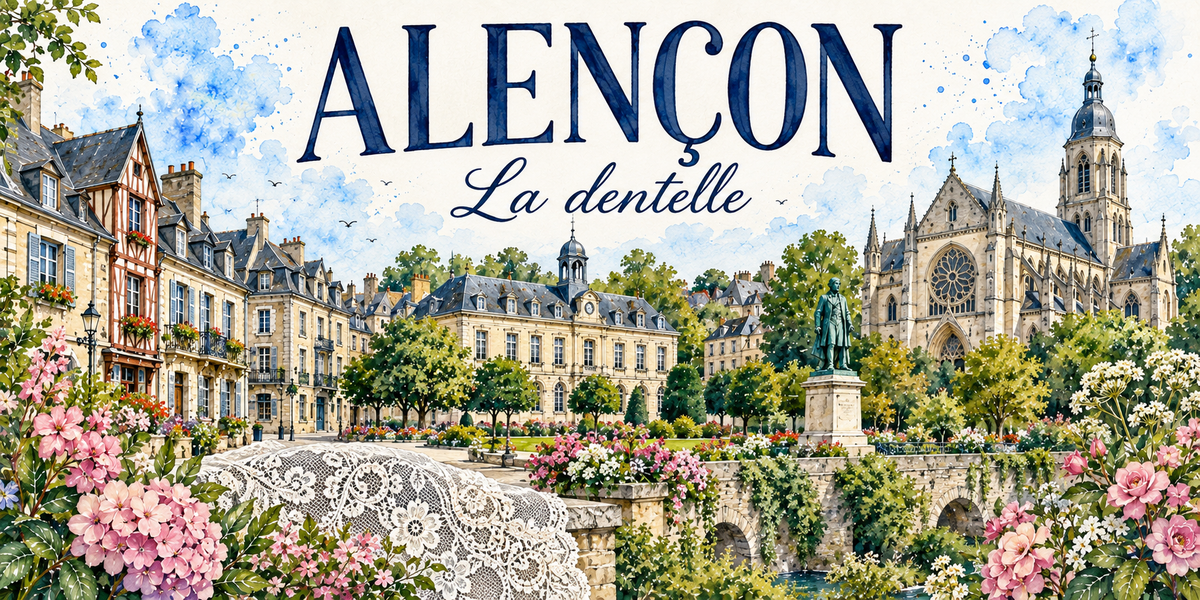 Alençon en aquarelle : une maison à pans de bois rouges à gauche, une file d'hôtels de pierre claire à toits d'ardoise et lucarnes au centre, un bâtiment public à campanile coiffé d'un dôme, la basilique et sa grande rosace flamboyante à droite surmontée d'un clocher à dôme et lanternon, une statue de bronze dressée sur un socle de pierre devant les arbres taillés, un pont de pierre à arches sur la Sarthe, un large pan de dentelle blanche, hortensias et rosiers roses au premier plan