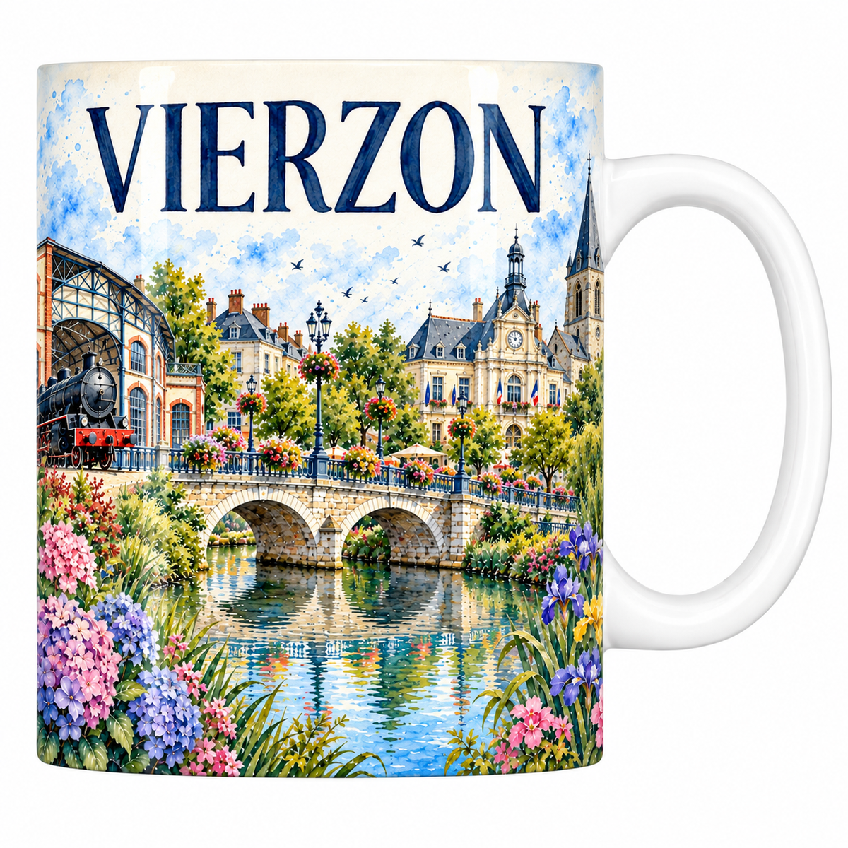 Mug céramique 330 ml Vierzon : la halle de fonderie, la locomotive et le pont de pierre en aquarelle