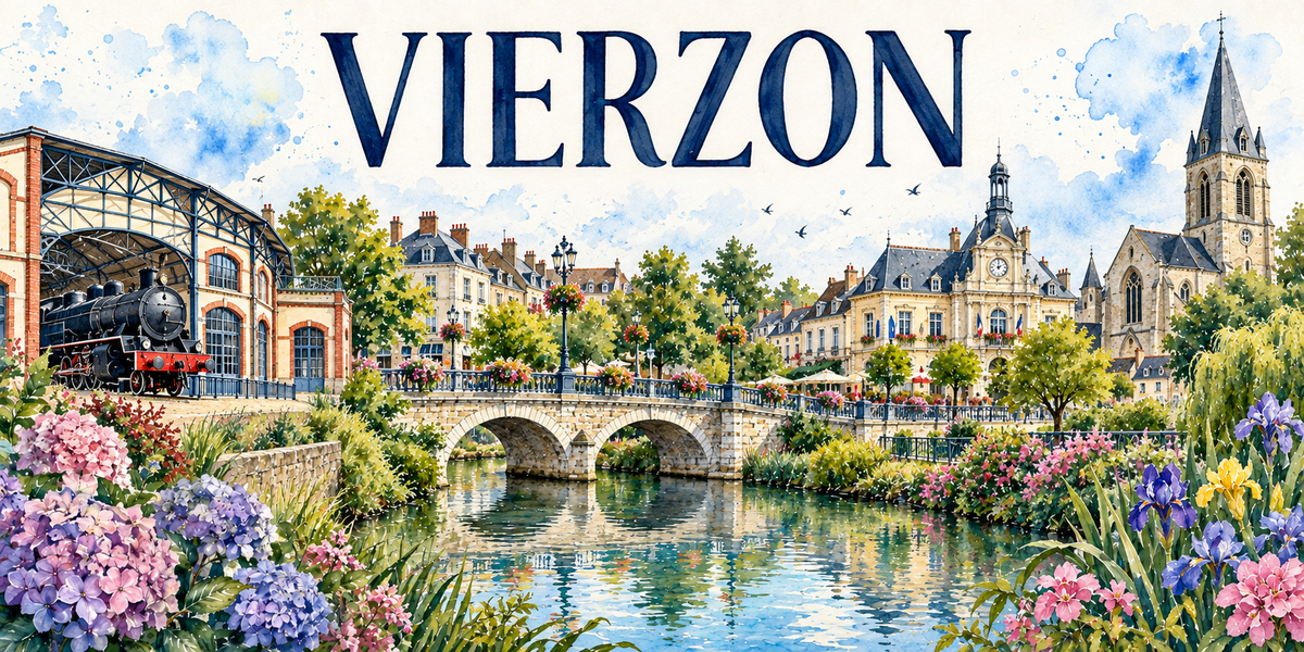 Vierzon en aquarelle : une halle industrielle de brique rouge à charpente métallique et verrière abritant une locomotive à vapeur noire et rouge à gauche, le pont de pierre à trois arches enjambant la rivière au centre, l'hôtel de ville classique à campanile et horloge pavoisé de drapeaux, le haut clocher d'ardoise de l'église à droite, les terrasses de café sous leurs parasols, les lampadaires de fonte, hortensias roses et bleus et iris au premier plan