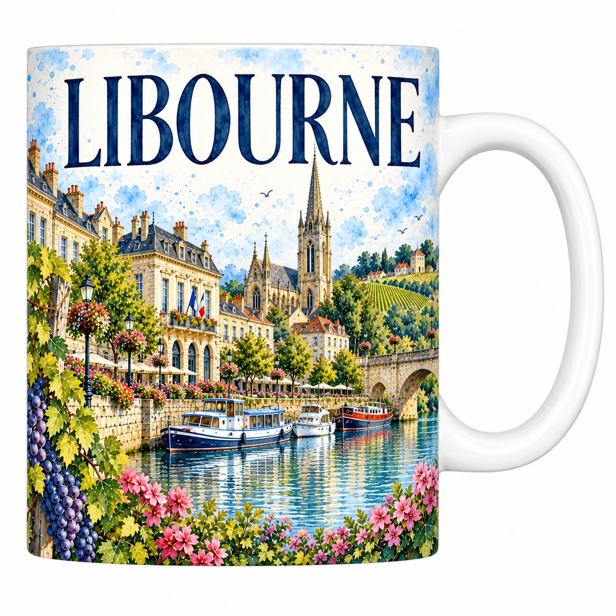 Mug céramique 330 ml Libourne : les quais de la Dordogne, la flèche de l'église et le pont en aquarelle