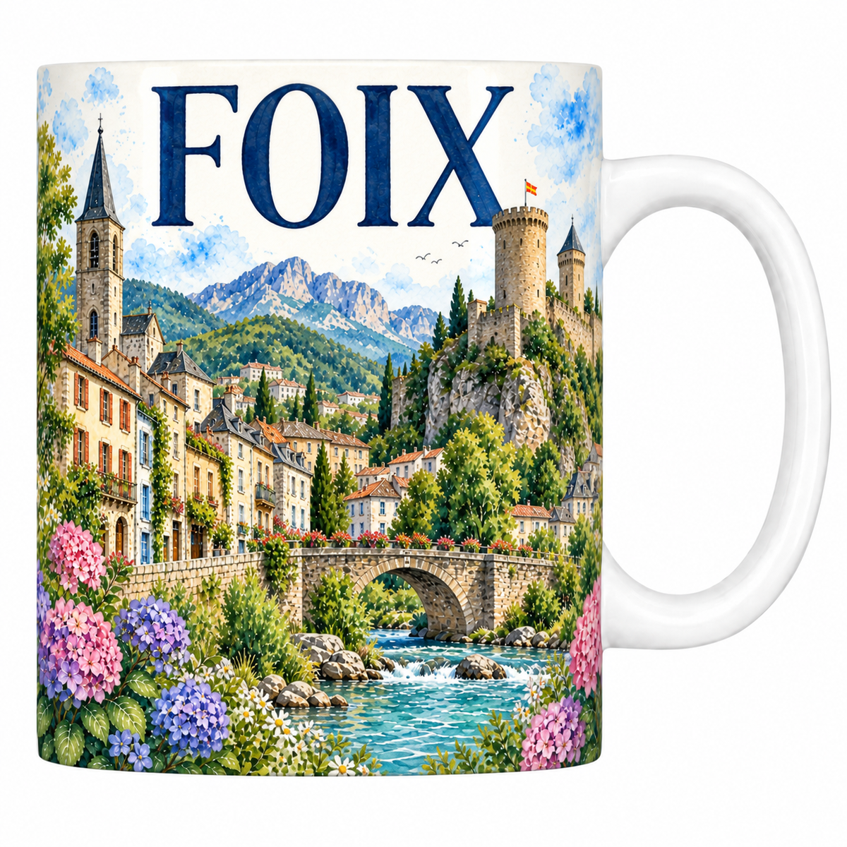 Mug céramique 330 ml Foix : le château et ses trois tours sur le rocher au-dessus de l'Ariège en aquarelle