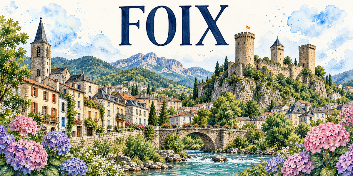 Foix en aquarelle : le château dressé sur son piton rocheux à droite avec sa grosse tour ronde, ses deux tours carrées et ses courtines de pierre, le clocher à flèche d'ardoise à gauche, les maisons de pierre claire aux volets colorés et aux balcons fleuris, le pont de pierre à arche unique au centre, l'eau vive de l'Ariège courant entre les rochers, les montagnes des Pyrénées au fond, hortensias roses et bleus au premier plan