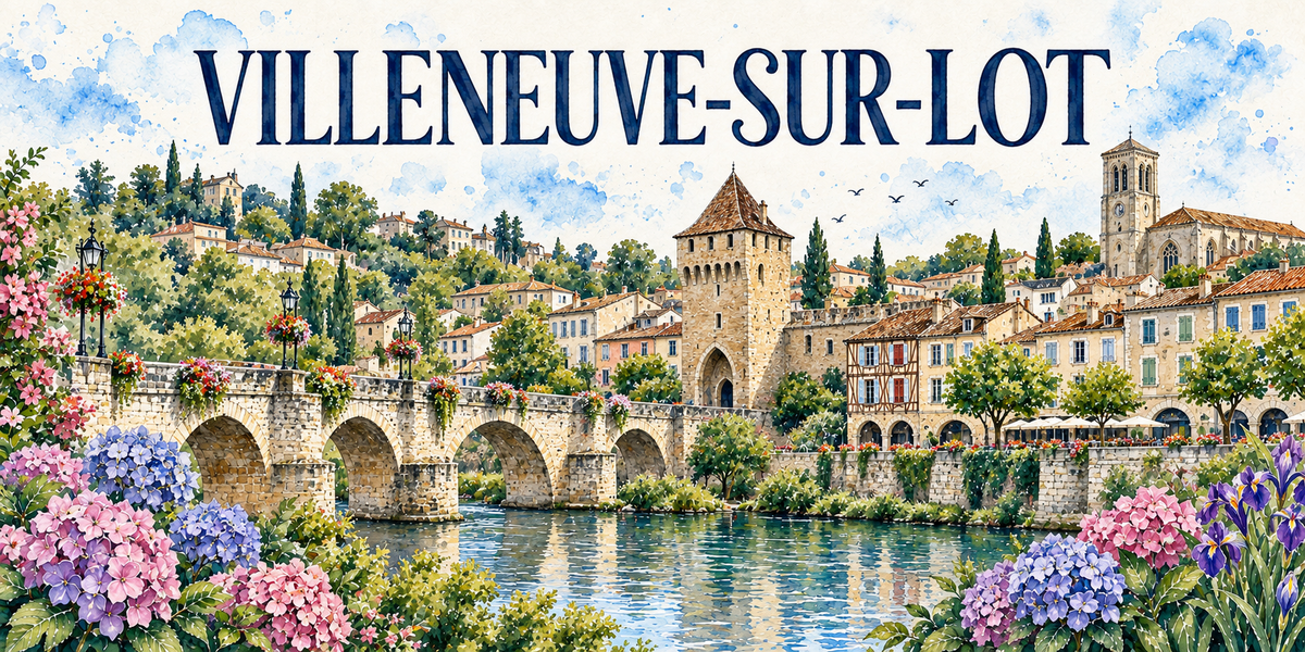 Villeneuve-sur-Lot en aquarelle : le grand pont de pierre à cinq arches franchissant le Lot au premier plan, la tour-porte médiévale carrée coiffée d'un toit pyramidal de tuiles et percée d'un arc gothique au centre, une maison à pans de bois à côté, les façades de pierre claire à arcades et leurs terrasses sous auvents à droite, le clocher à horloge et l'église gothique, les cyprès et les maisons étagées sur la colline, hortensias roses et bleus et iris violets au premier plan
