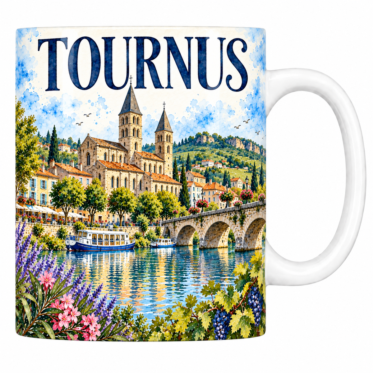 Mug céramique 330 ml Tournus : l'abbatiale, ses deux tours et le pont sur la Saône en aquarelle