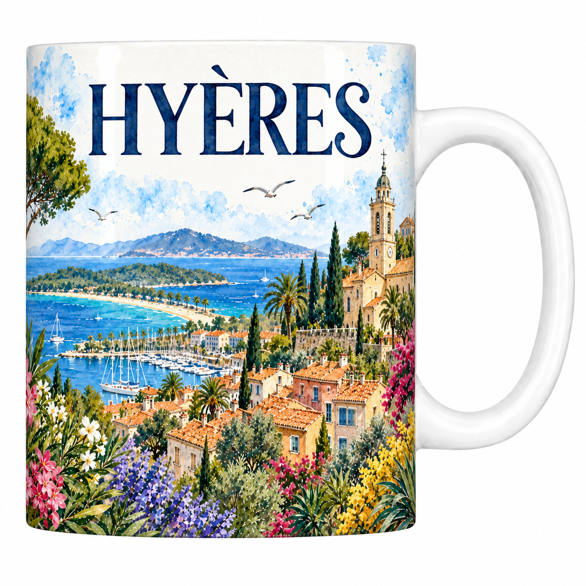 Mug céramique 330 ml Hyères : la vieille ville, ses palmiers et la rade en aquarelle