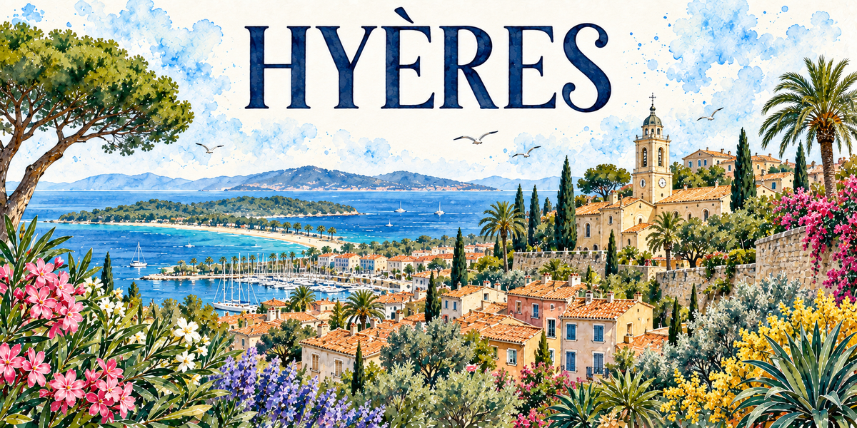 Hyères en aquarelle : vue plongeante sur la vieille ville depuis les hauteurs, un pin parasol à gauche, les toits de tuiles romaines étagés, l'église et son clocher à campanile de fer forgé surmonté d'une horloge à droite, une haute muraille de pierre couverte de bougainvillées, les palmiers et les cyprès, le port de plaisance et ses mâts, la longue plage en arc bordée de palmiers, la presqu'île boisée et la mer d'un bleu profond, mimosa jaune, lauriers-roses et agapanthes au premier plan