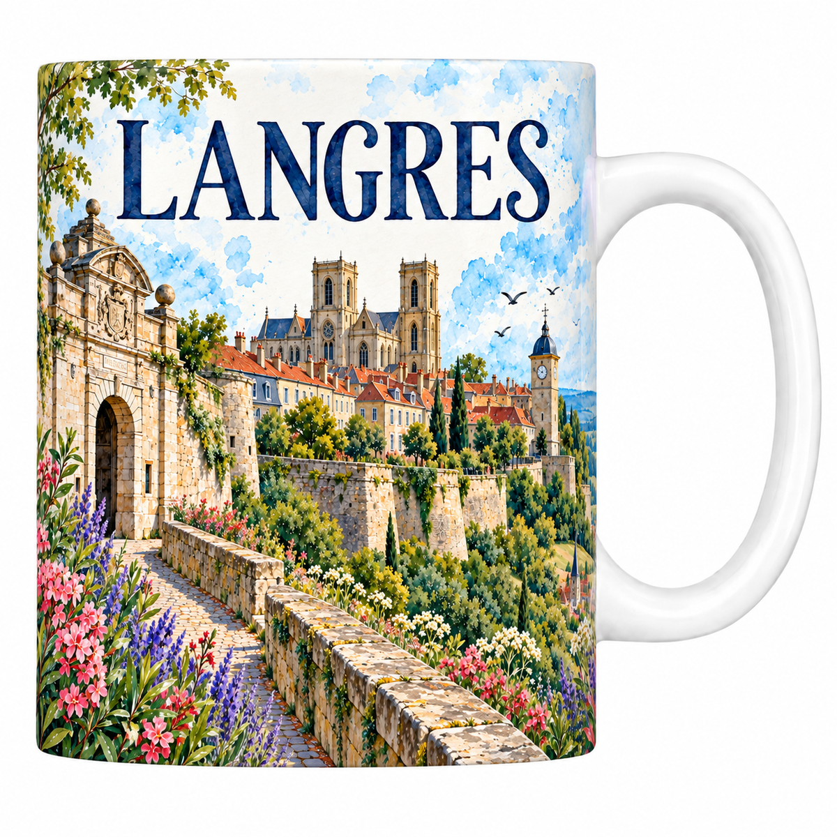 Mug céramique 330 ml Langres : la porte monumentale, les remparts et la cathédrale en aquarelle