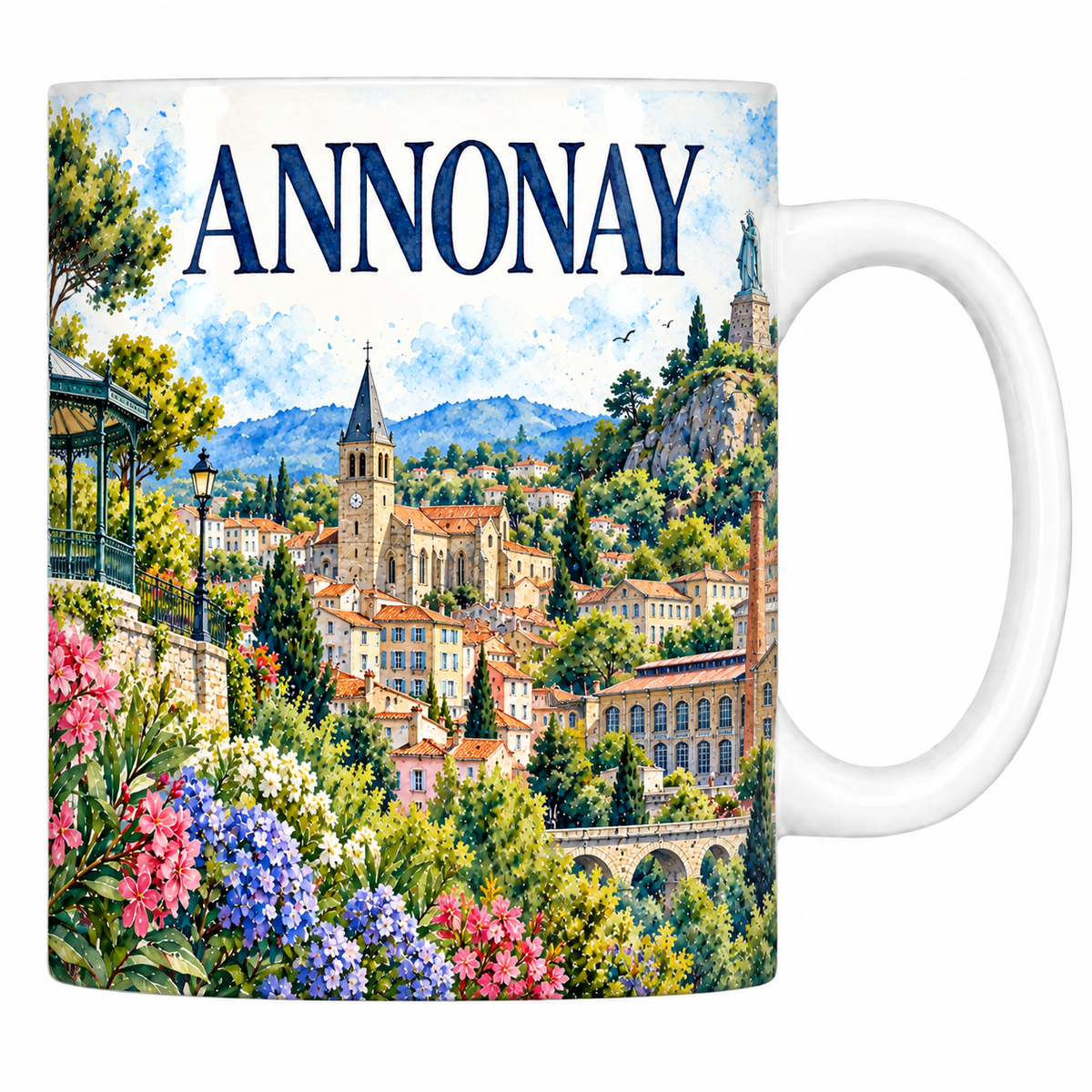 Mug céramique 330 ml Annonay : la ville en amphithéâtre, son clocher et la cheminée d'usine en aquarelle