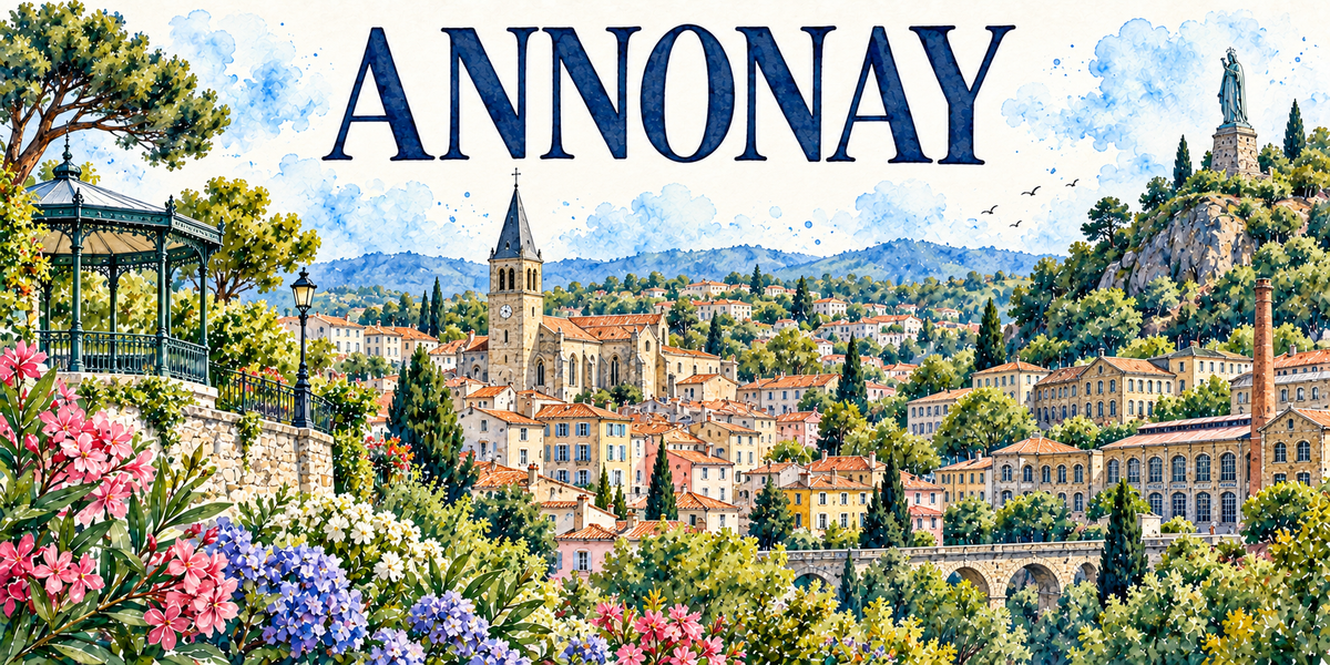Annonay en aquarelle : un kiosque à musique en fer forgé vert et un lampadaire de fonte sur une terrasse à gauche, l'église gothique et son clocher d'ardoise à horloge au centre, les maisons aux façades ocre, roses et jaunes étagées en amphithéâtre sous leurs toits de tuiles, un grand bâtiment d'usine et sa cheminée de brique rouge à droite, un pont de pierre à arches en contrebas, une statue blanche sur un piton rocheux, les collines au fond, lauriers-roses et hortensias bleus au premier plan