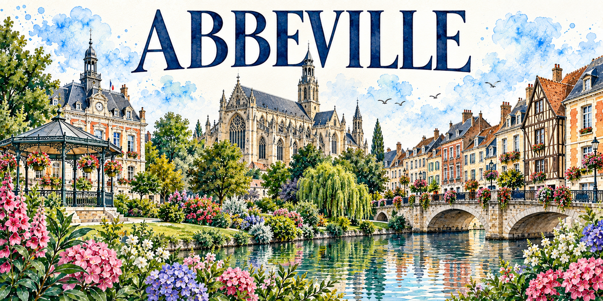 Abbeville en aquarelle : un kiosque à musique en fer forgé vert à gauche devant un bâtiment public de brique et pierre à campanile et horloge, la grande collégiale gothique flamboyante et sa haute tour hérissée de pinacles au centre, un saule pleureur au bord de l'eau, le pont de pierre à arches à droite, les façades de brique et une maison à pans de bois aux toits de tuiles rouges, lampadaires de fonte, hortensias roses et bleus et fleurs blanches au premier plan
