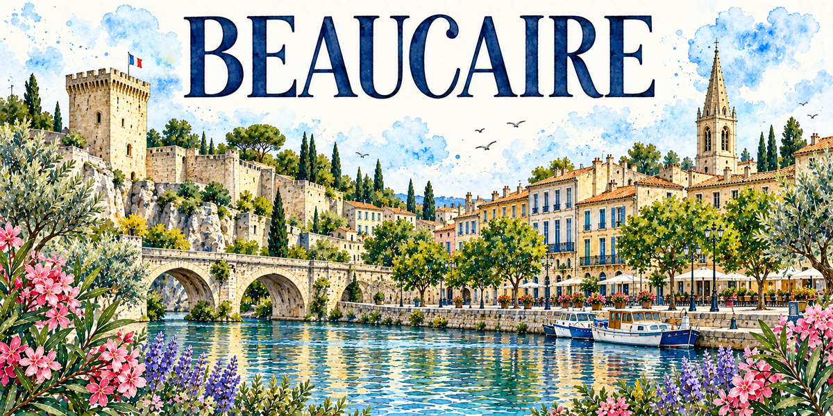Beaucaire en aquarelle : le donjon triangulaire du château et ses remparts dressés sur leur rocher à gauche, un drapeau au sommet, le pont de pierre à arches enjambant l'eau, les façades claires du quai avec leurs balcons de fer forgé et leurs terrasses sous parasols, la haute flèche de pierre du clocher à droite, les pins parasols et les cyprès, les bateaux de plaisance amarrés le long du quai, lauriers-roses et lavandes au premier plan