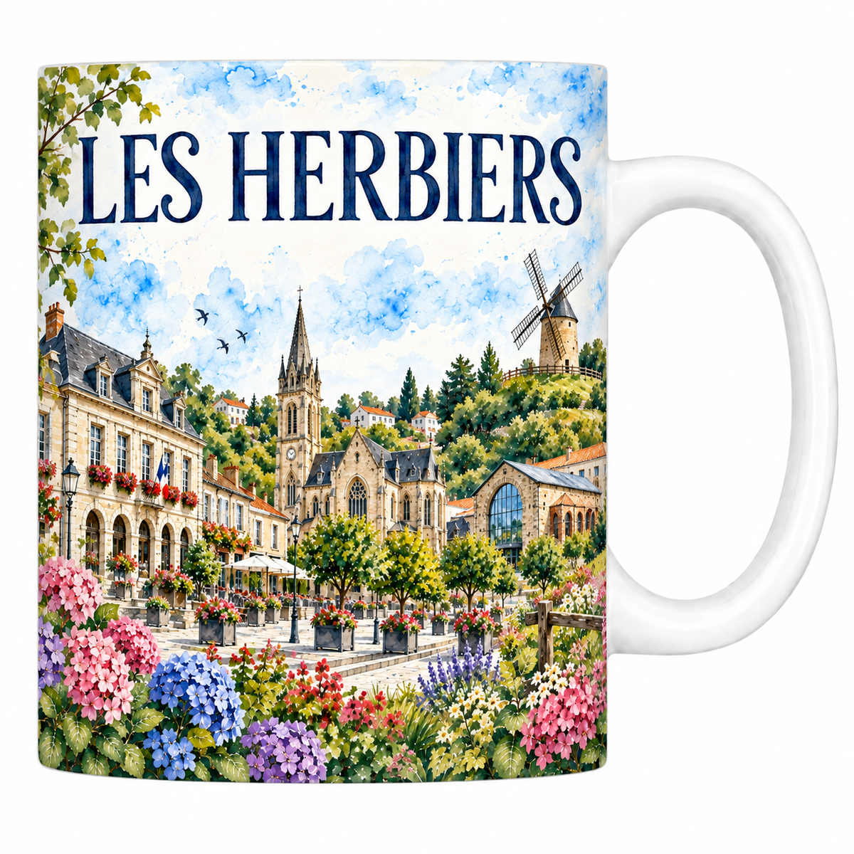 Mug céramique 330 ml Les Herbiers : la mairie, le clocher et le moulin du mont des Alouettes en aquarelle