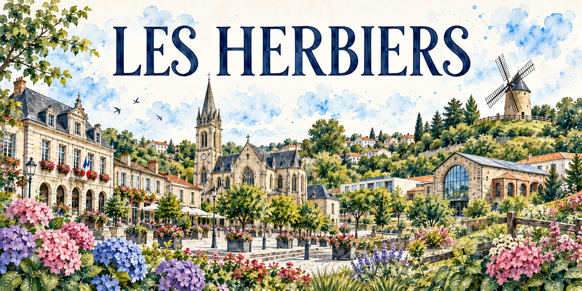 Les Herbiers en aquarelle : la mairie de pierre claire à toits mansardés et drapeau à gauche, ses arcades et ses jardinières fleuries, le haut clocher à flèche d'ardoise et l'église gothique à rosace au centre, la halle de pierre à grande verrière cintrée à droite, le moulin à vent dressé sur sa colline boisée, les maisons aux toits de tuiles rouges, les arbres taillés en bacs et les lampadaires de fonte, hortensias roses, bleus et mauves au premier plan