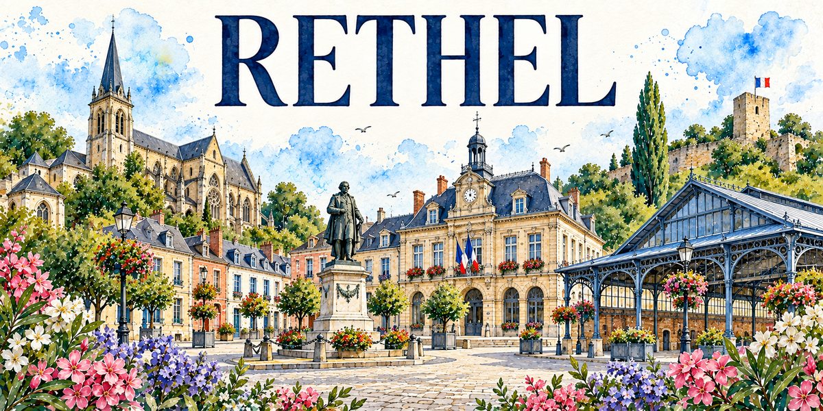 Rethel en aquarelle : la grande église de pierre claire à gauche avec sa haute flèche d'ardoise, sa rosace et ses contreforts, l'hôtel de ville au centre coiffé d'un campanile à horloge et pavoisé du drapeau français, une statue de bronze sur son socle de pierre au milieu de la place pavée, la halle de fonte et de verre à droite, une tour crénelée dressée sur la hauteur boisée, les maisons de brique et de pierre, lampadaires de fonte, arbres en bacs et massifs de fleurs roses et blanches au premier plan