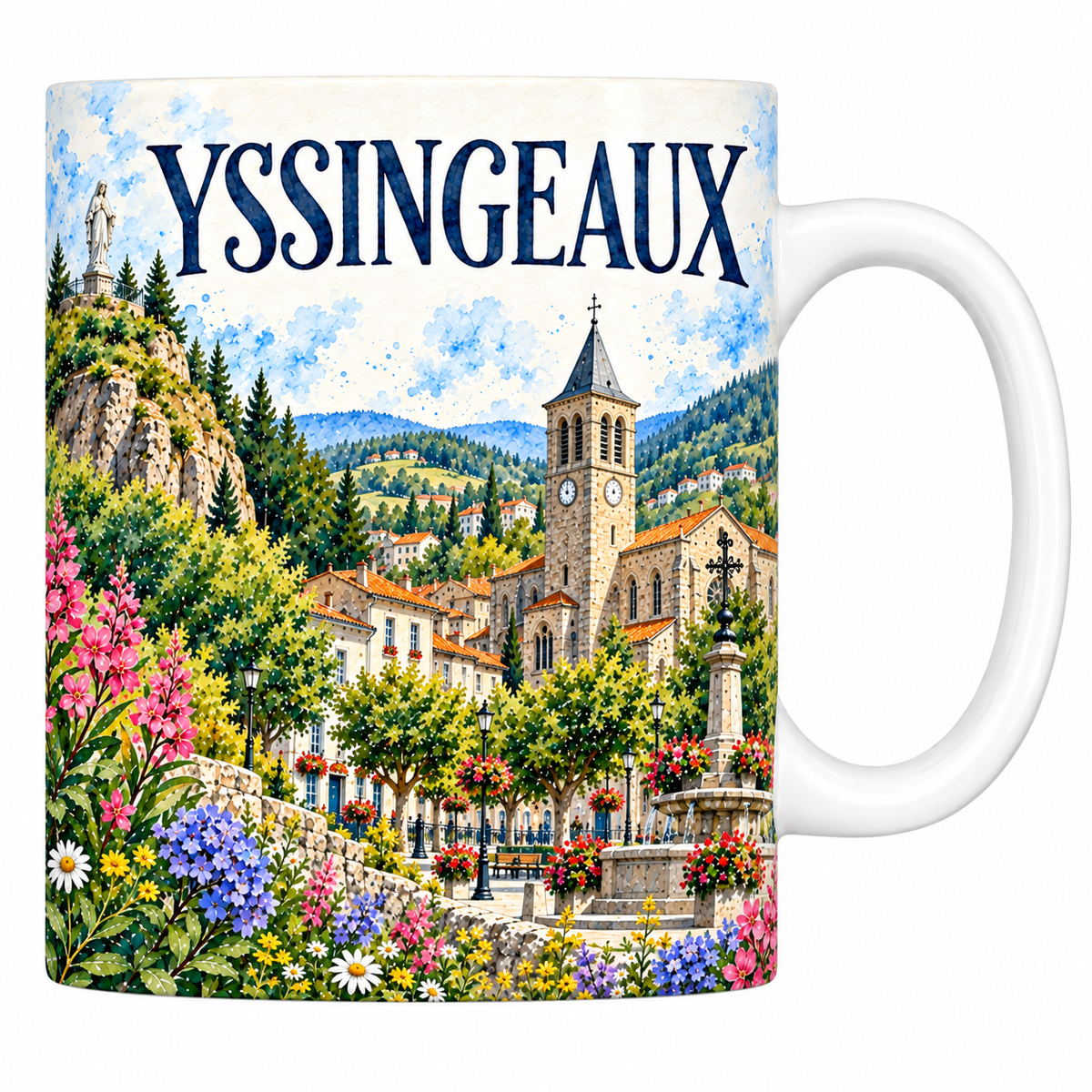 Mug céramique 330 ml Yssingeaux : l'église de pierre sombre, la fontaine et les collines du Velay en aquarelle