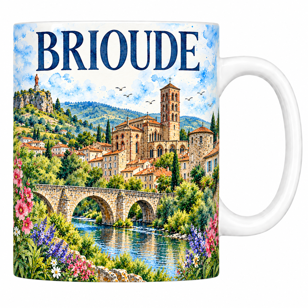 Mug céramique 330 ml Brioude : la basilique Saint-Julien, le pont de pierre et les collines en aquarelle
