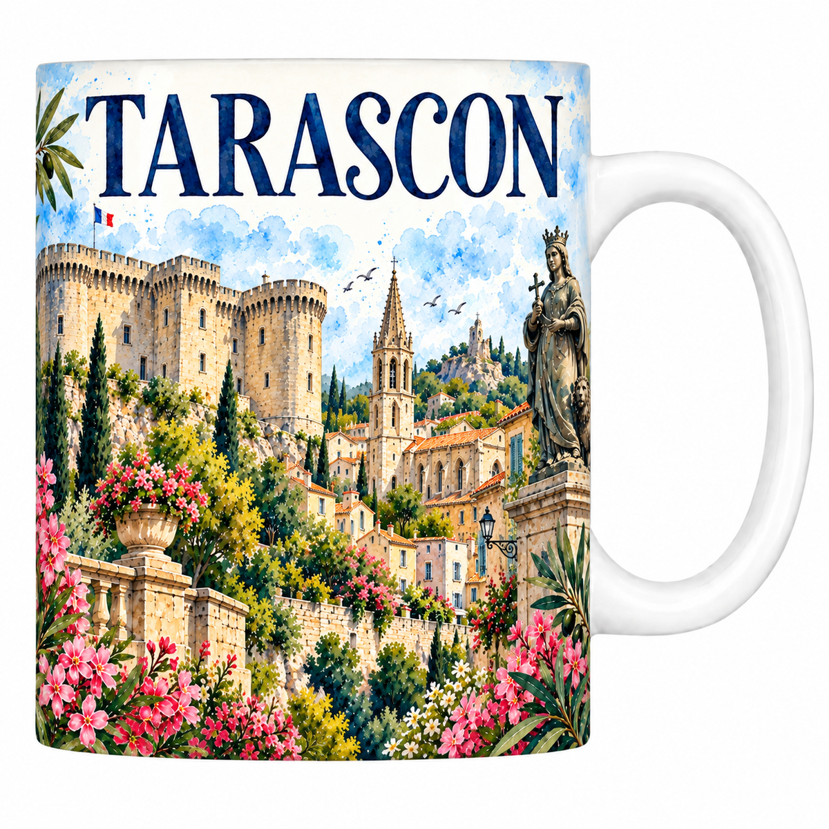 Mug céramique 330 ml Tarascon : le château au bord du Rhône, le clocher gothique et les toits de tuiles en aquarelle