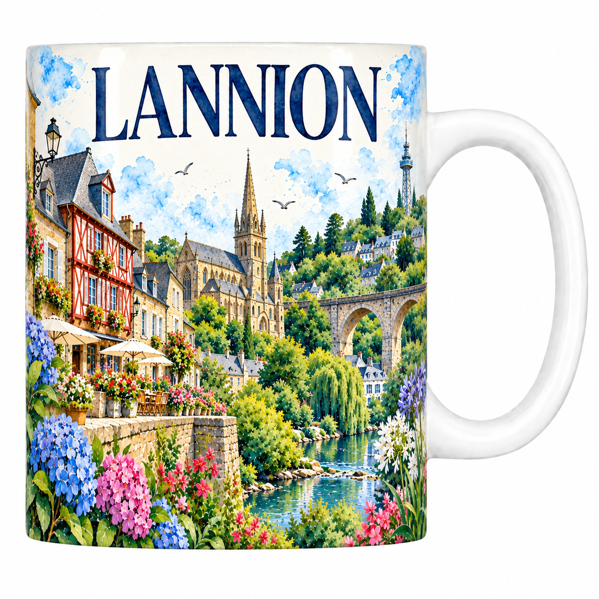 Mug céramique 330 ml Lannion : la maison à pans de bois, l'église et le viaduc de pierre en aquarelle
