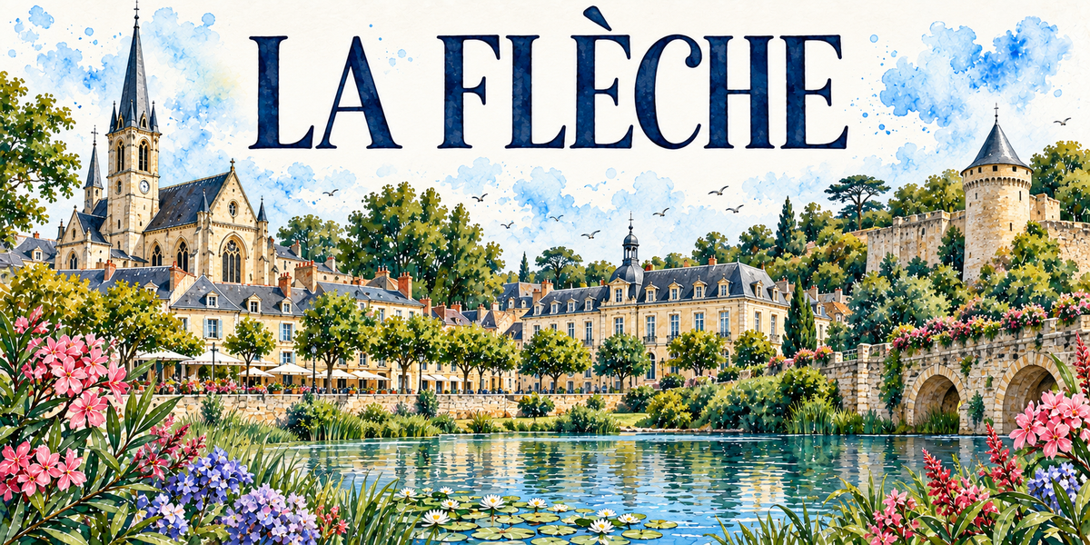 La Flèche en aquarelle : l'église de pierre claire à gauche avec sa haute flèche d'ardoise, son clocher à horloge et ses baies gothiques, le long bâtiment classique au centre sous ses toits mansardés d'ardoise et ses lucarnes, coiffé d'un dôme à lanternon, les arbres taillés et les parasols du quai, une grosse tour ronde à toit conique d'ardoise sur son rempart à droite, un pont de pierre à arches, le Loir au premier plan avec ses nénuphars en fleur, lauriers-roses et iris