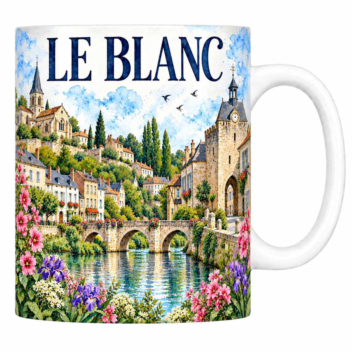 Mug céramique 330 ml Le Blanc : l'église sur son escarpement, le pont de pierre et la Creuse en aquarelle