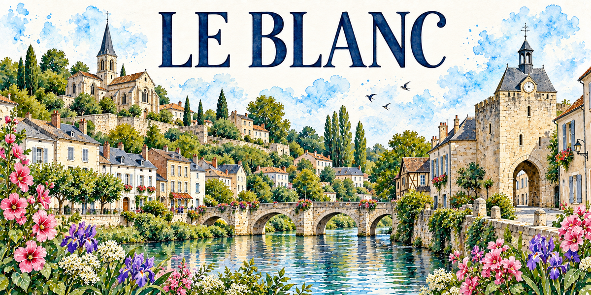 Le Blanc en aquarelle : l'église de pierre dressée sur son escarpement à gauche avec son clocher à flèche d'ardoise, les murs de soutènement et les remparts couverts de verdure, les maisons claires à volets bleus et toits d'ardoise alignées au bord de l'eau, le pont de pierre à arches au centre, une grosse tour-porte carrée à arcade, horloge et campanile à droite, une maison à pans de bois, les peupliers, la Creuse et ses reflets, roses trémières roses, iris violets et fleurs blanches au premier plan