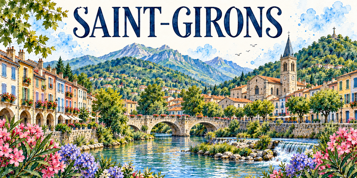 Saint-Girons en aquarelle : les façades ocre, jaunes et roses du quai à gauche avec leurs arcades, leurs volets bleus et verts et leurs balcons fleuris, le pont de pierre à arches enjambant le Salat au centre, l'église de pierre claire à droite avec son clocher-tour à flèche d'ardoise et son horloge, une croix dressée sur la hauteur boisée, les platanes et les maisons aux toits de tuiles, le seuil d'eau vive et les sommets des Pyrénées au fond, lauriers-roses et agapanthes mauves au premier plan