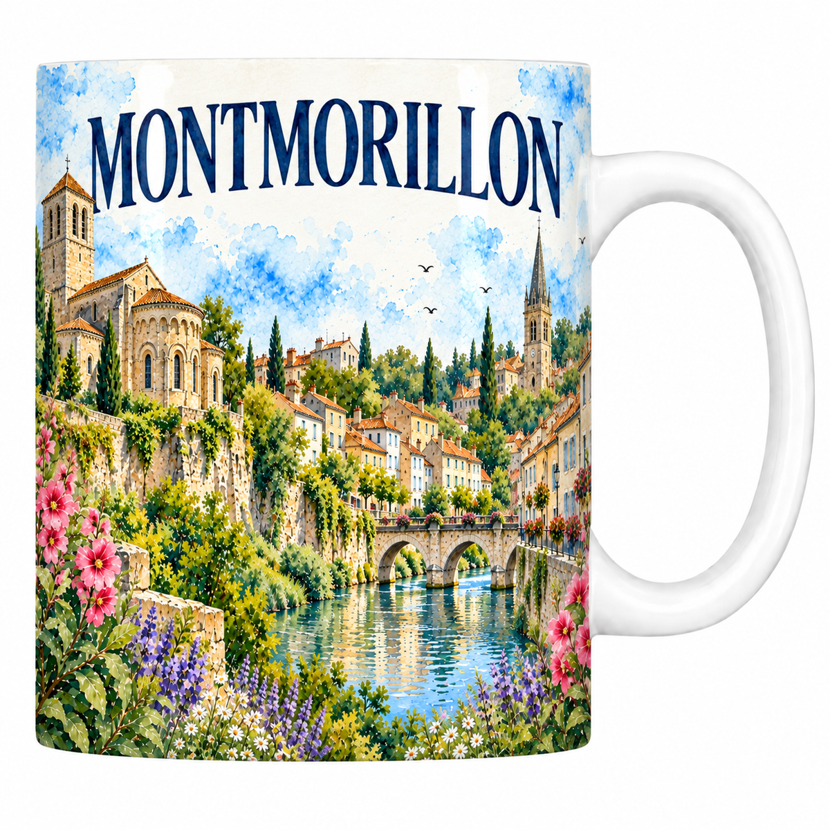 Mug céramique 330 ml Montmorillon : l'église romane, le vieux pont de pierre et la Gartempe en aquarelle