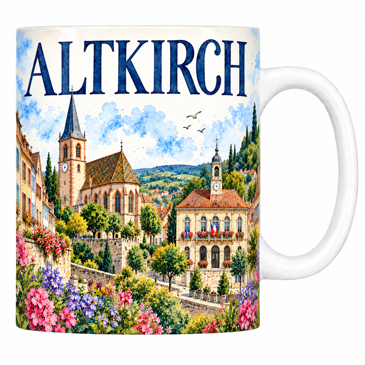 Mug céramique 330 ml Altkirch : l'église au toit vernissé, l'hôtel de ville et les façades colorées en aquarelle