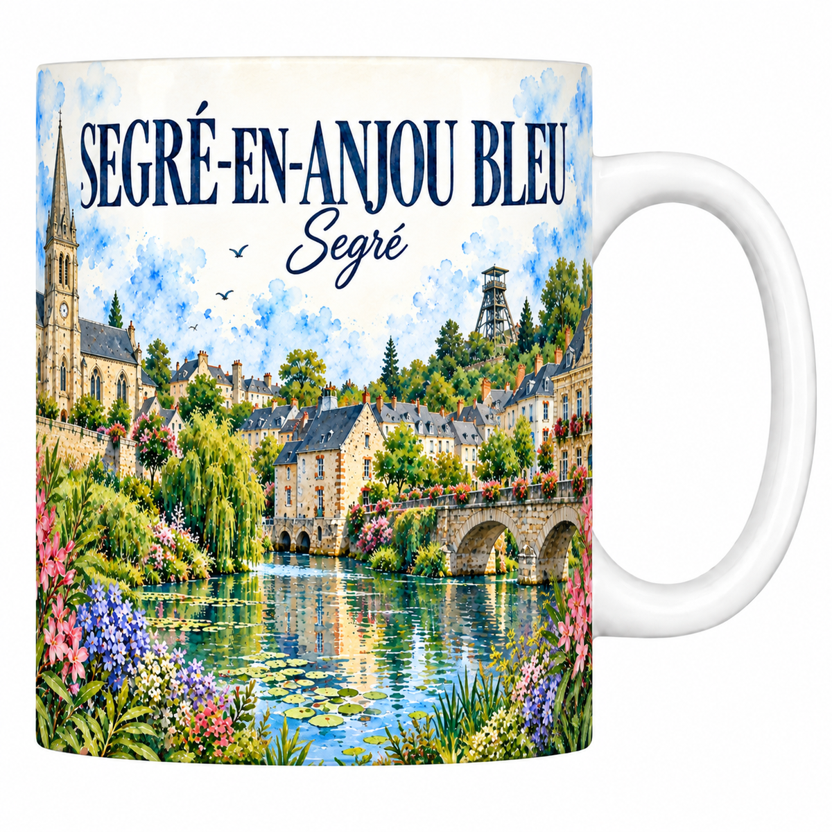 Mug céramique 330 ml Segré-en-Anjou Bleu : l'église, le pont de pierre sur l'Oudon et le chevalement de mine en aquarelle