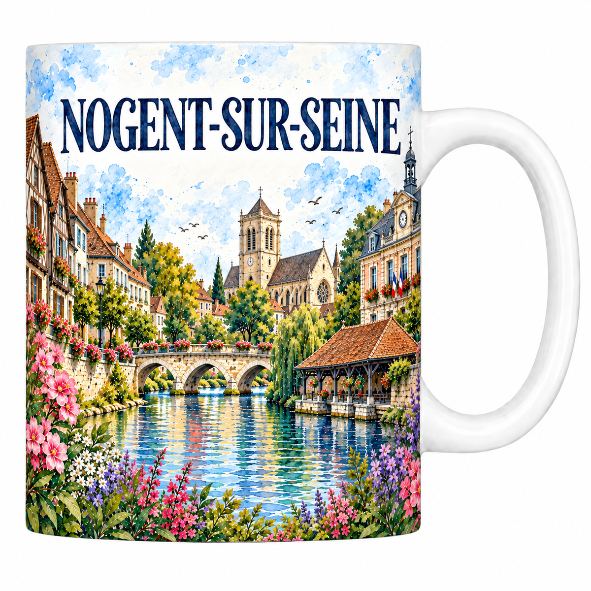 Mug céramique 330 ml Nogent-sur-Seine : les maisons à pans de bois, l'église gothique et la Seine en aquarelle