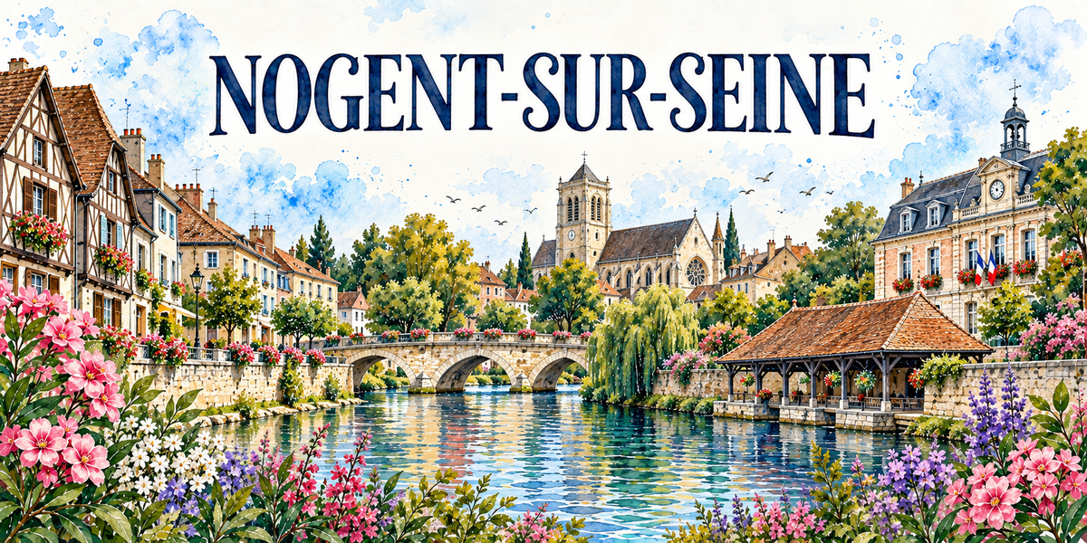 Nogent-sur-Seine en aquarelle : les maisons à pans de bois à gauche sous leurs toits de tuiles, les façades claires à volets bleus, la grande église gothique au centre avec sa tour-clocher à horloge, sa rosace et ses contreforts, le pont de pierre à arches, une halle de charpente sous son toit de tuiles au bord de l'eau, l'hôtel de ville à toits d'ardoise mansardés et campanile à droite, les saules pleureurs, la Seine et ses reflets, fleurs roses et delphiniums mauves au premier plan