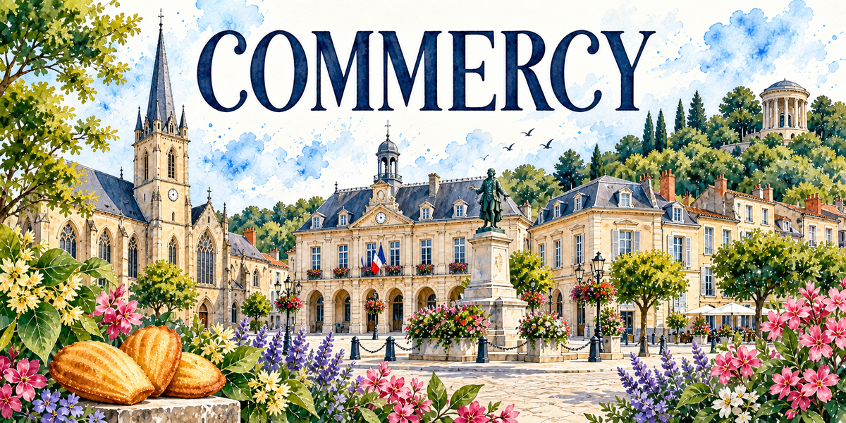 Commercy en aquarelle : l'église gothique à gauche avec sa haute flèche d'ardoise et ses contreforts, l'hôtel de ville classique au centre sous ses toits d'ardoise mansardés, coiffé d'un campanile à horloge, ses arcades et son drapeau, une statue de bronze sur son haut socle au milieu de la place pavée, les façades claires et les arbres taillés, une rotonde à colonnes sur la colline boisée à droite, trois madeleines dorées posées sur une pierre au premier plan, lavandes et fleurs roses
