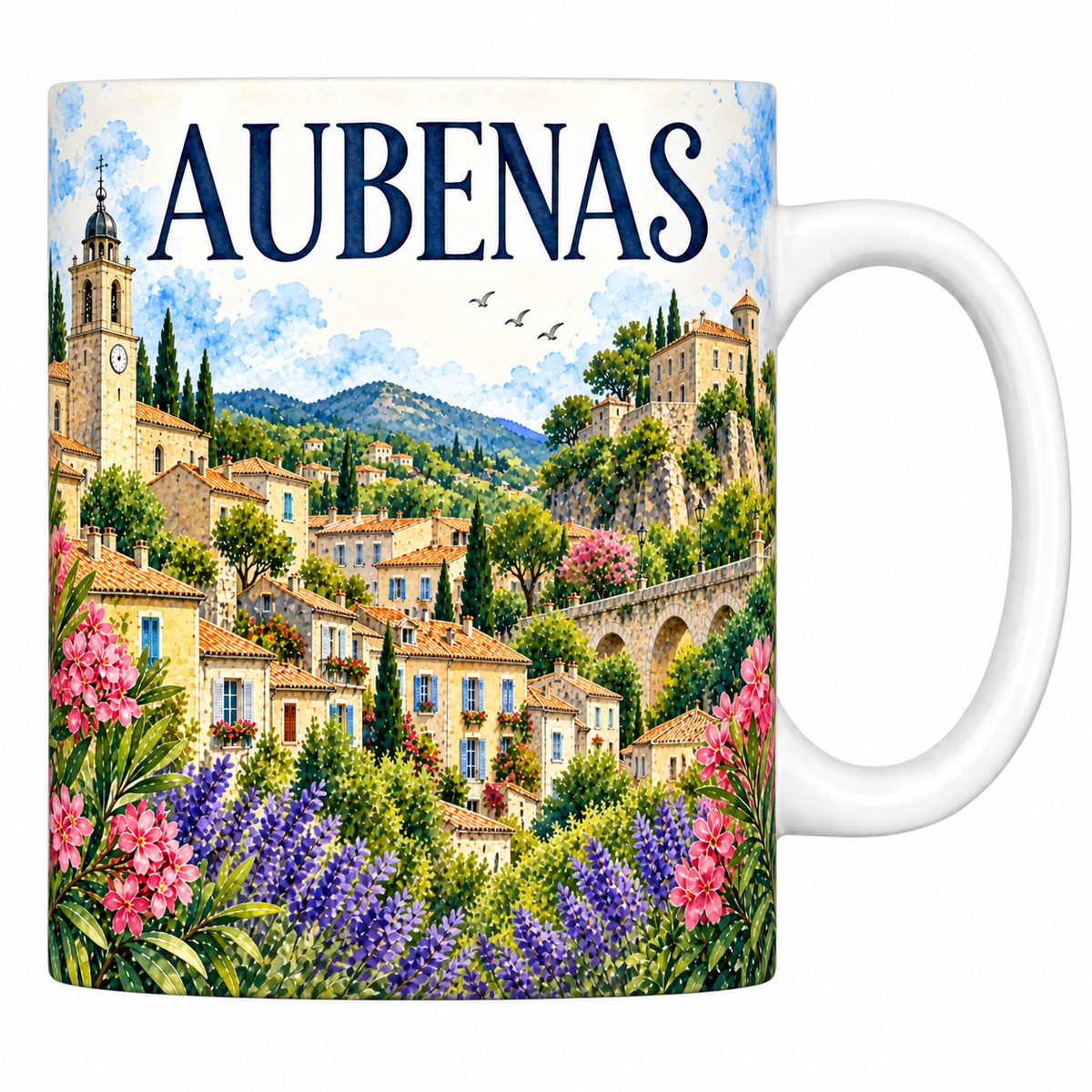 Mug céramique 330 ml Aubenas : le clocher, les toits de tuiles étagés et le château sur son rocher en aquarelle