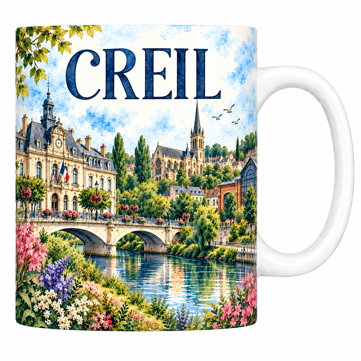 Mug céramique 330 ml Creil : l'hôtel de ville, le pont sur l'Oise et la halle de brique en aquarelle