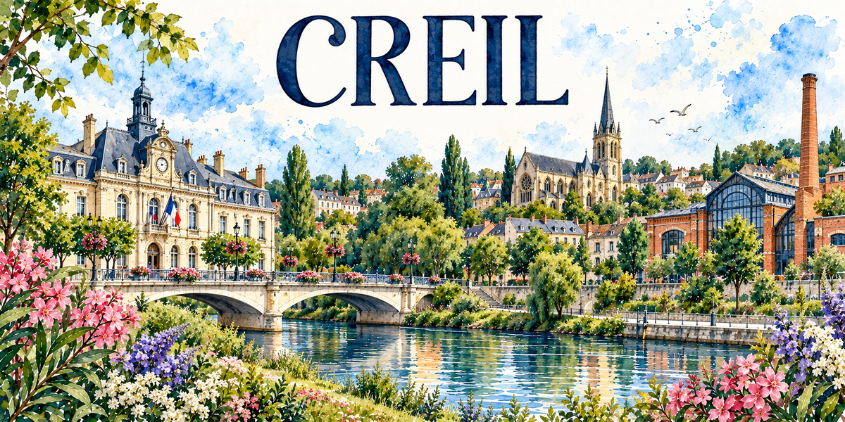 Creil en aquarelle : l'hôtel de ville de pierre claire à gauche sous ses toits d'ardoise mansardés, son campanile à horloge, ses arcades et ses drapeaux français, le pont de pierre à arches franchissant l'Oise, l'église gothique à haute flèche de pierre et rosace au centre, la grande halle de brique rouge à verrière métallique et sa cheminée d'usine à droite, les peupliers et les quais plantés, la rivière et ses reflets, lauriers-roses, delphiniums mauves et fleurs blanches au premier plan
