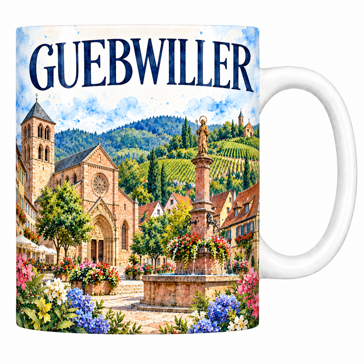 Mug céramique 330 ml Guebwiller : l'église de grès rose, la fontaine et le vignoble du Florival en aquarelle